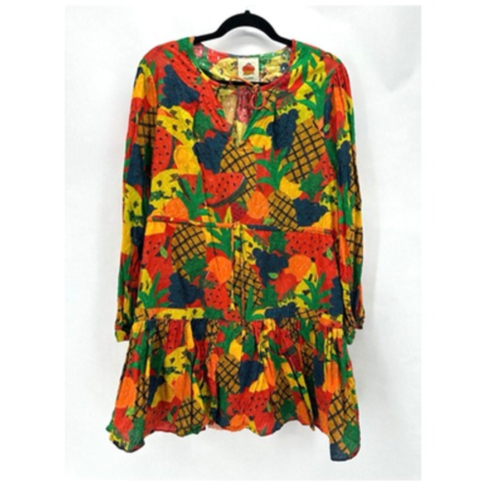 Farm Rio Anthropologie Fruit Salad Dress Tiered Size L Resort‎ Beach Colorful